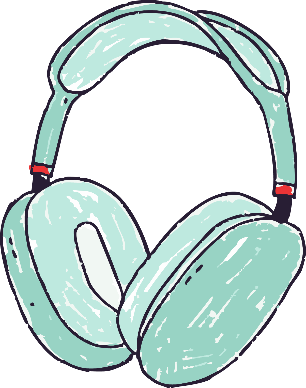Illustration of over-ear headphones in light blue with black and red details.