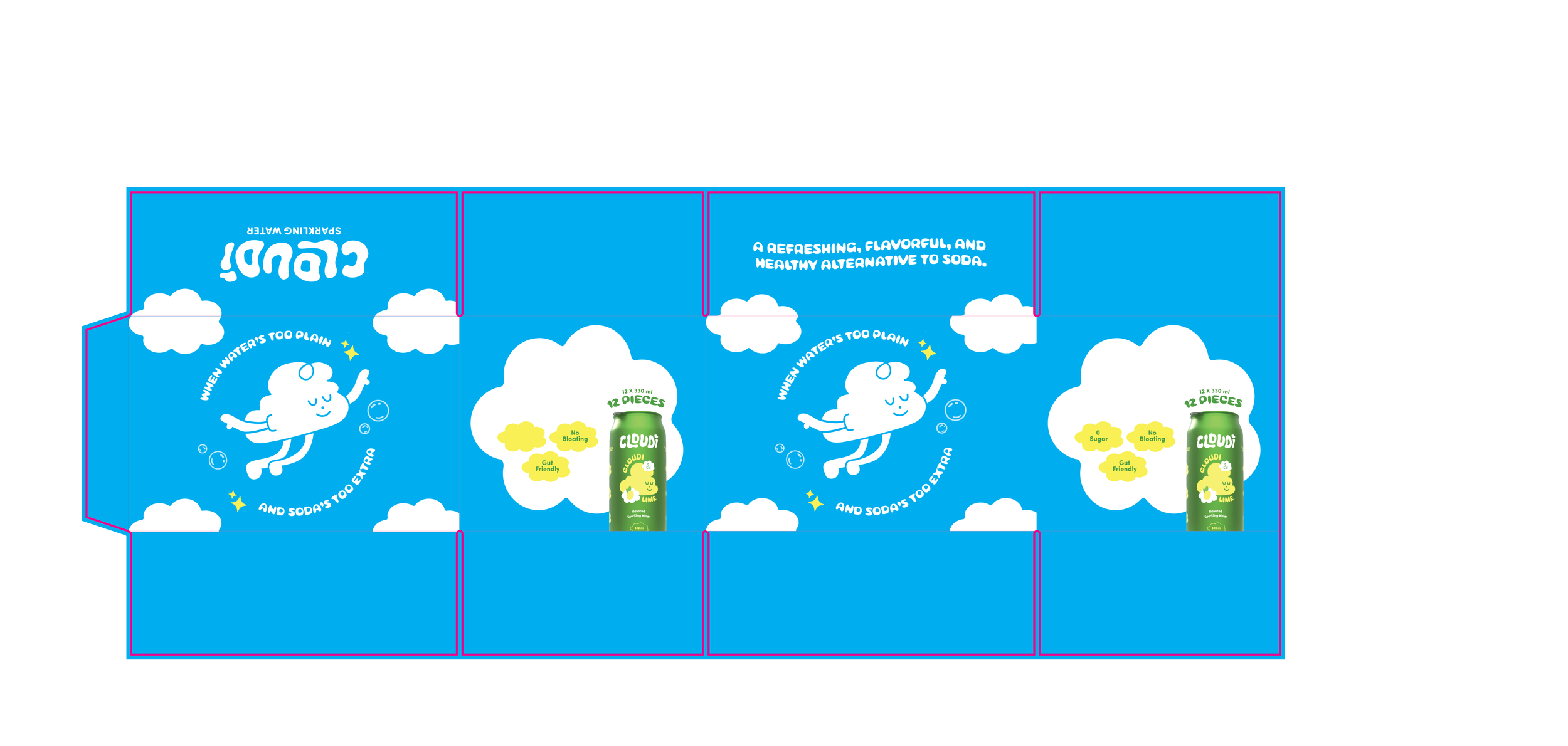 A blue soda packaging box with playful graphics and text, featuring a cartoon cloud character and a green soda can labeled 'CLOUDI.' The box promotes a refreshing, healthy alternative to soda, with 12 pieces, no sugar, no bloating, and gut-friendly features.