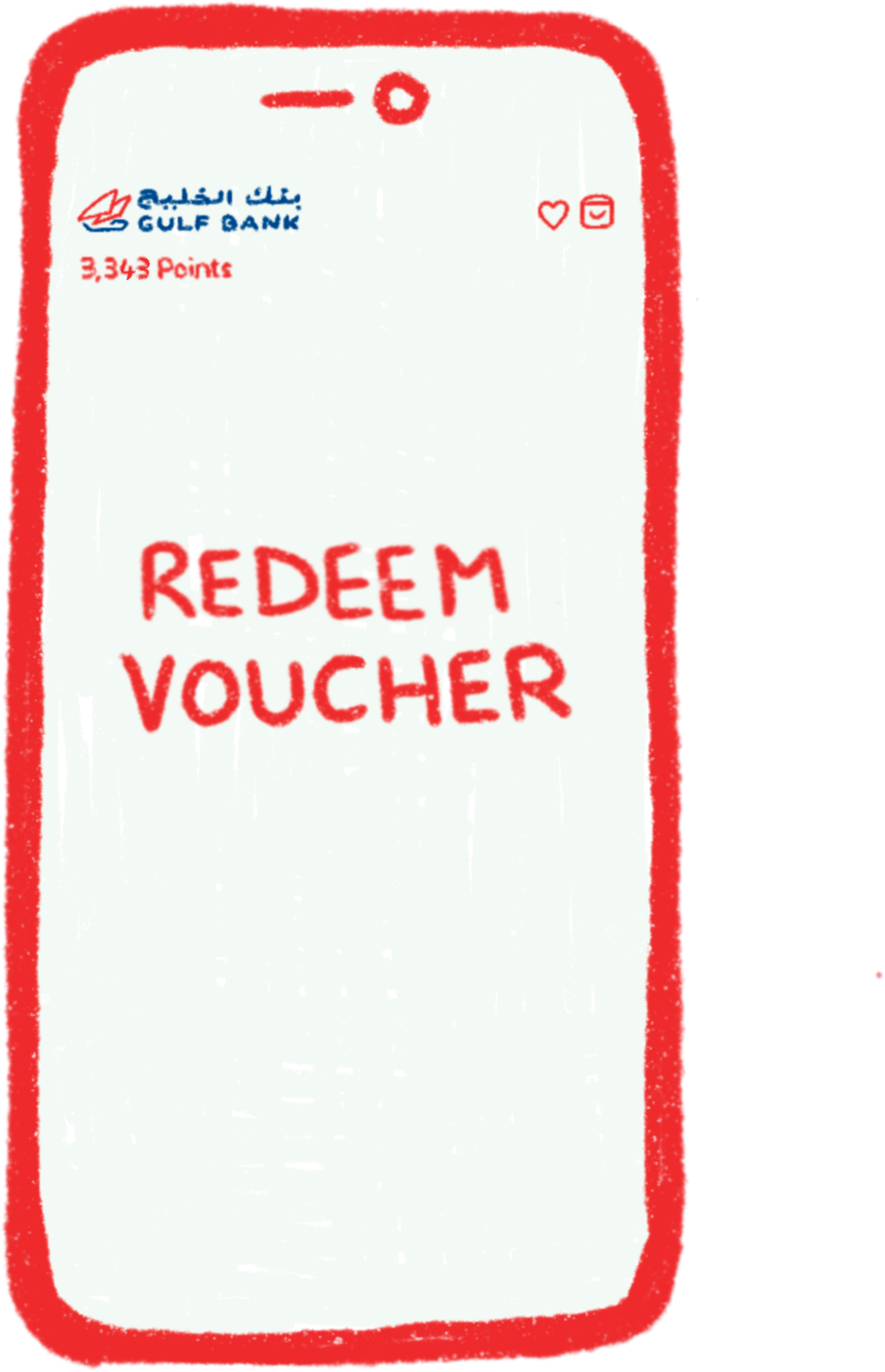 A phone screen showing a Gulf Bank reward voucher with the words 'REDEEM VOUCHER' written in large red letters.