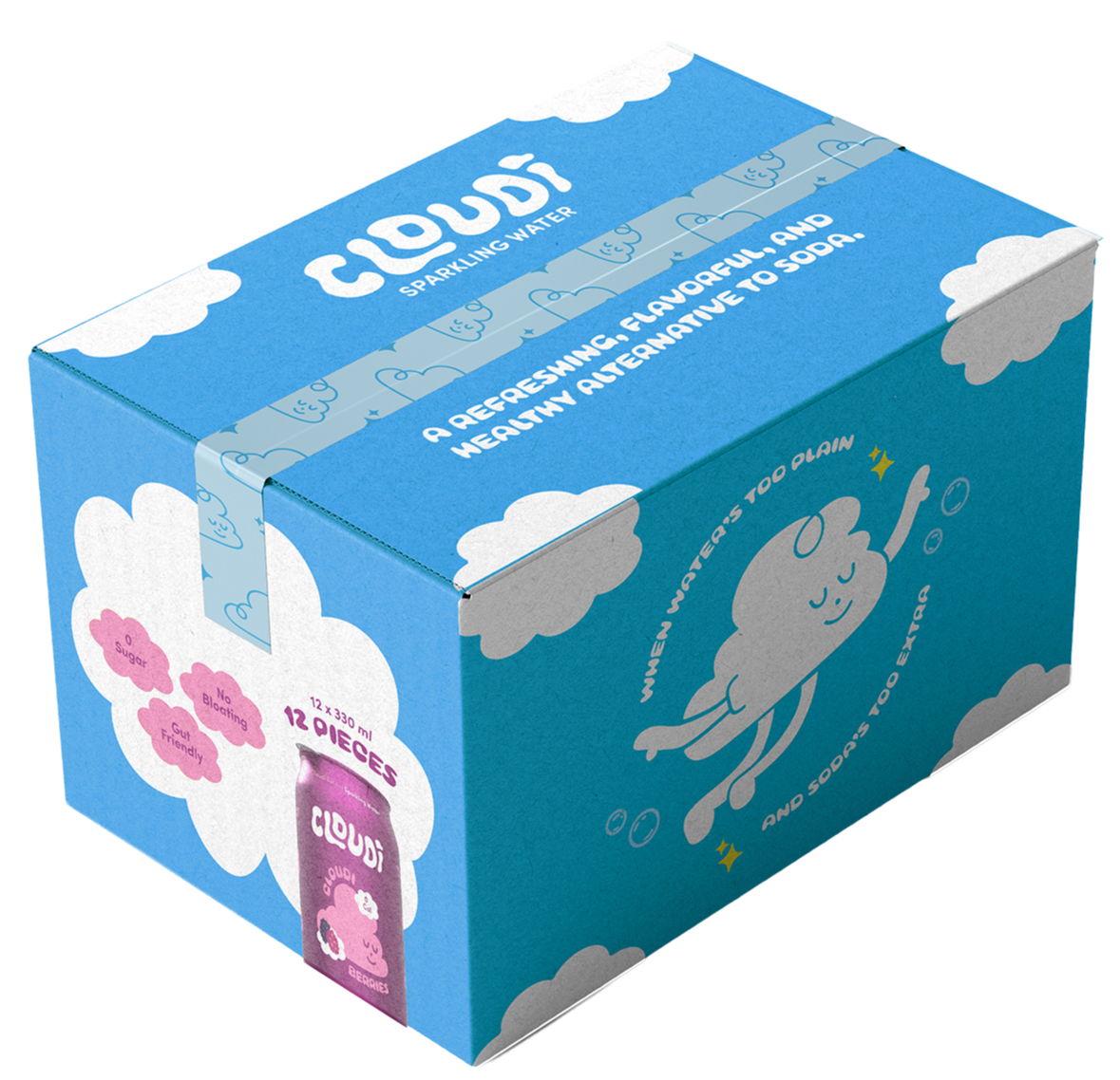A blue and white cloud-themed box of sparkling water with a playful cloud character illustration and the text 'When waters too dull and sours too plain'.