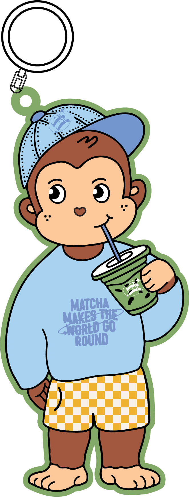 Cartoon monkey wearing a blue baseball cap and sweatshirt, holding a large green drink cup with a straw, standing on two feet with a green outline.