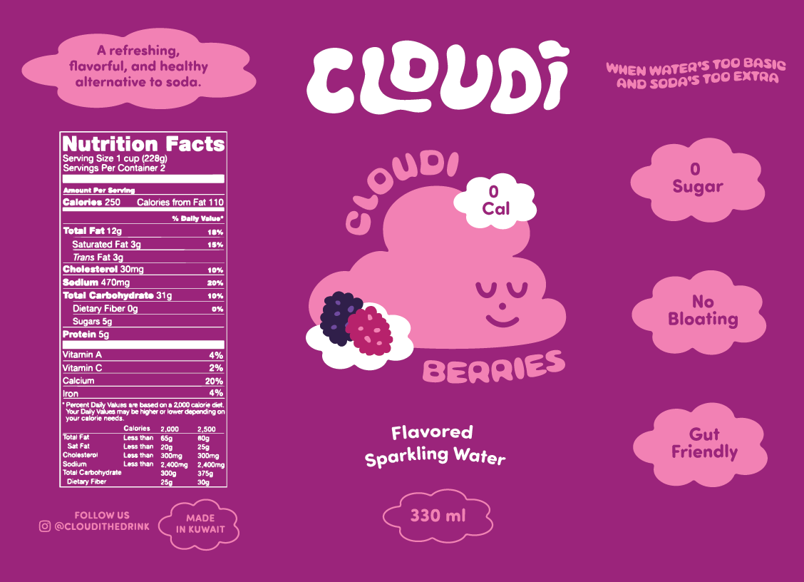 Purple beverage label for Cloudi flavored sparkling water with berries, featuring nutritional facts, benefits like no sugar, no bloating, gut friendly, and 330 ml size, made in Kuwait.