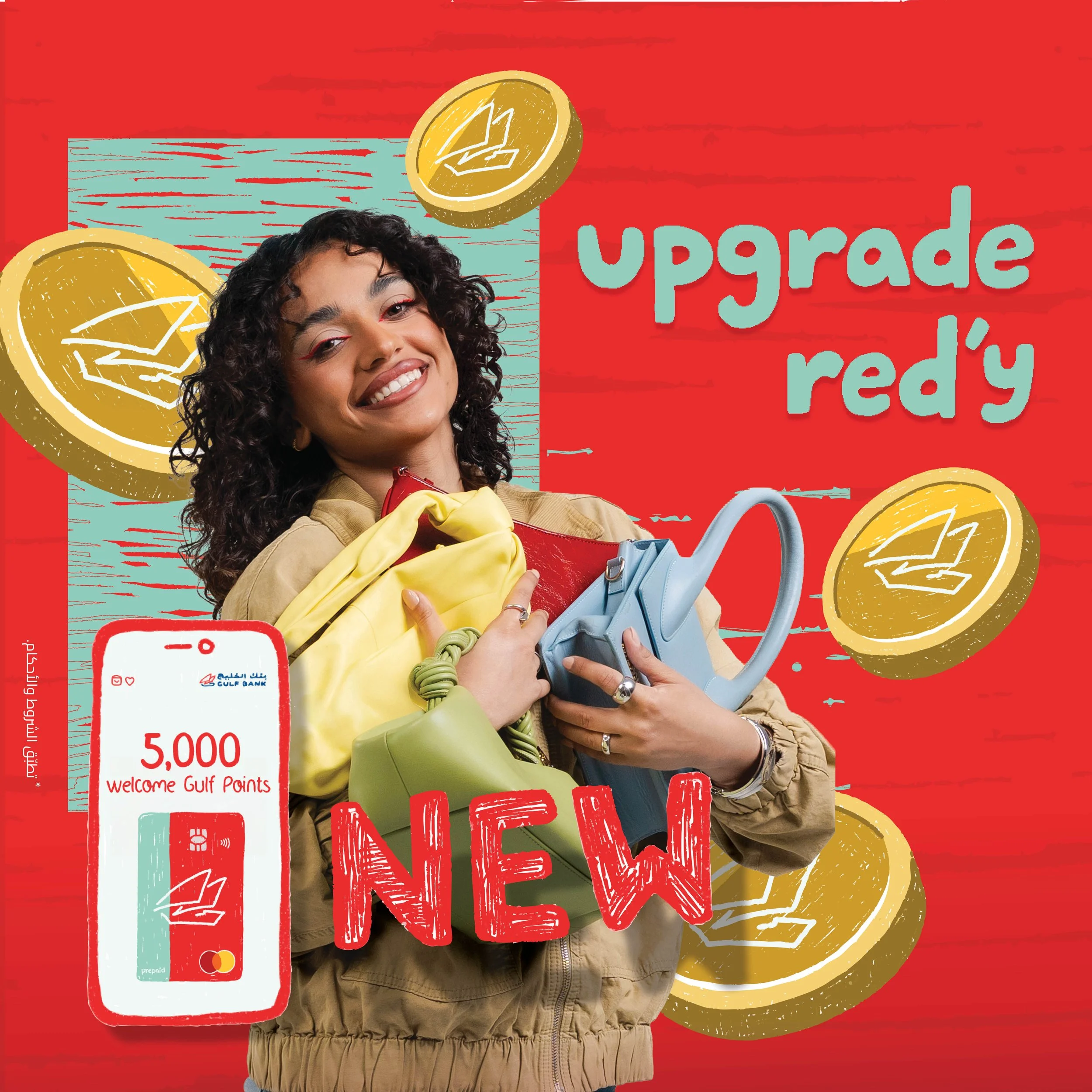 Young woman with curly hair smiling, holding shopping bags in front of a red background with dollar coins and text that reads 'upgrade re-dy' and 'welcome Gulf Points'.