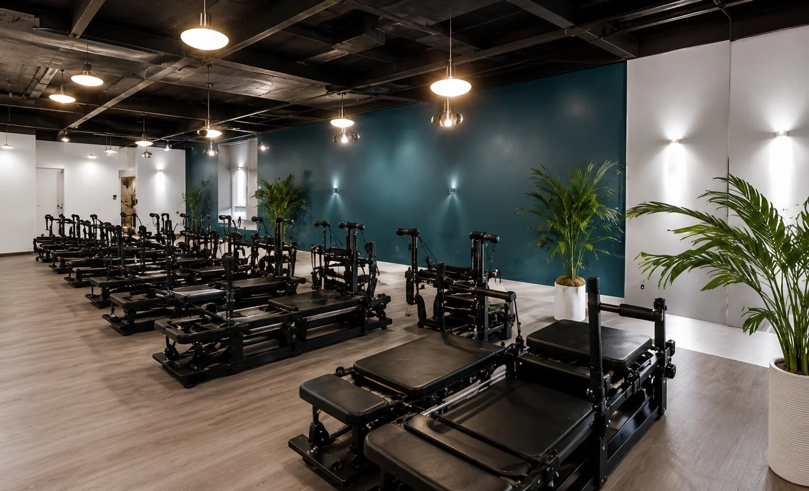 Empty Pilates studio with reformer machines, green plants, wooden floors, and modern lighting.