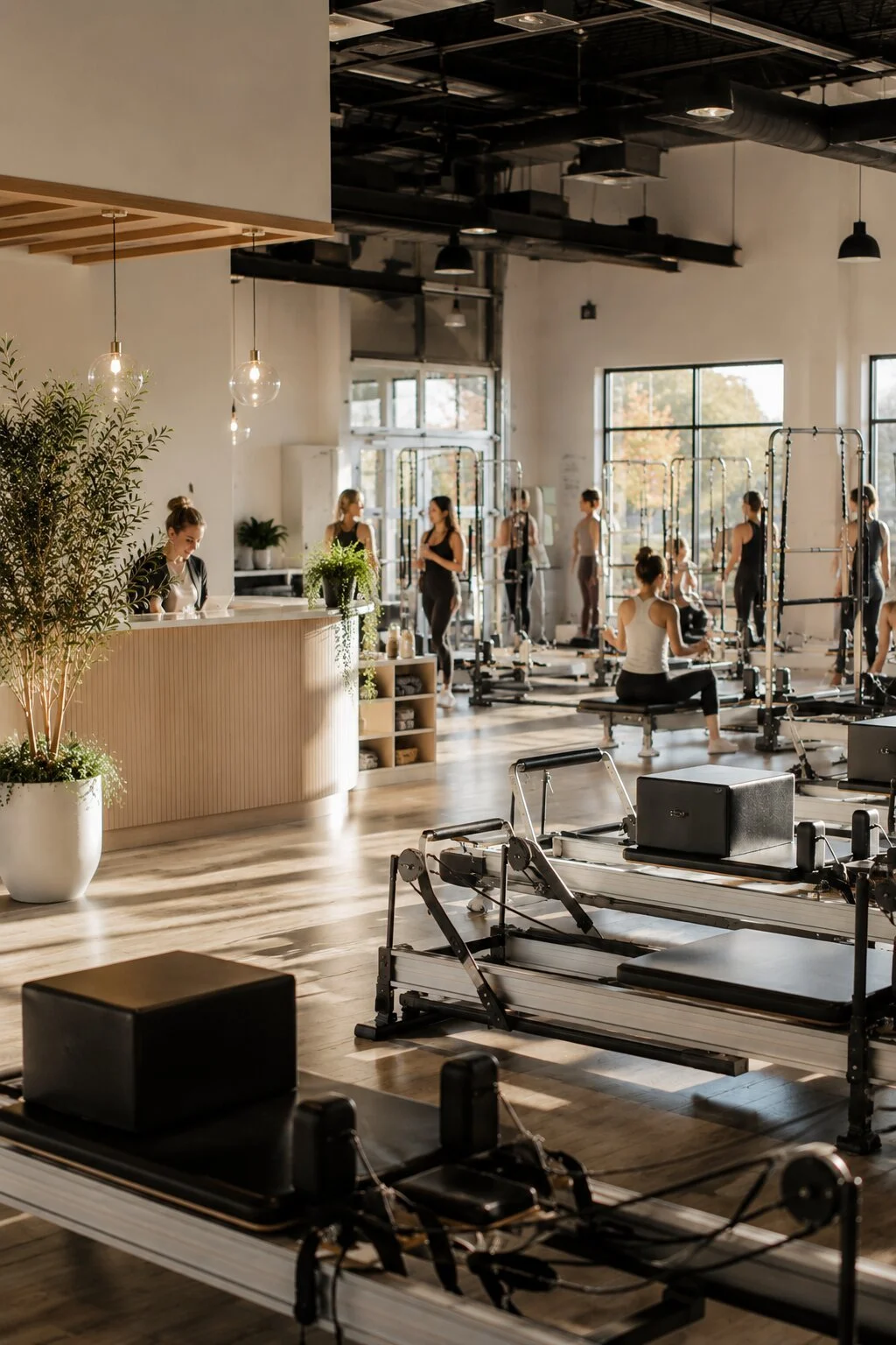A modern Pilates or fitness studio with large windows, multiple Pilates reformer machines, and people exercising. There is a reception desk with a staff member, and indoor plants adding to the decor.