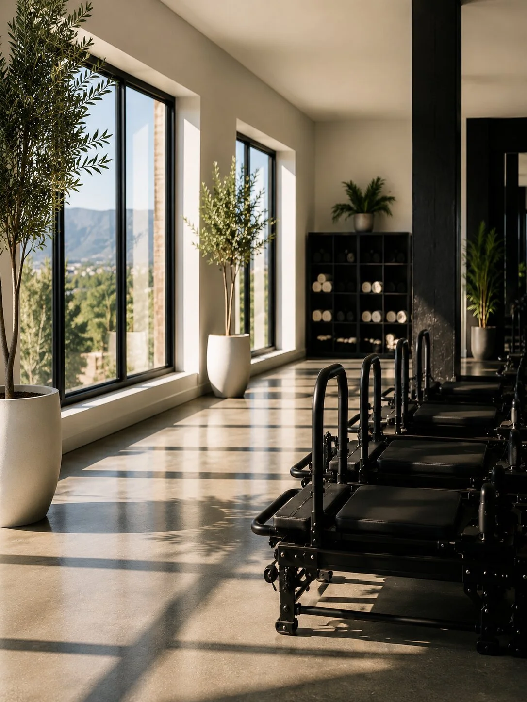 Sunlit fitness or yoga studio with large windows, potted plants, a black shelving unit with rolled towels, and black exercise equipment.