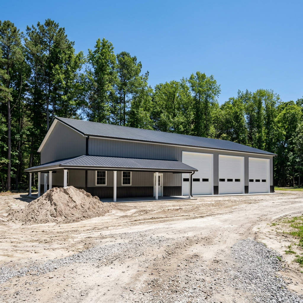 A newly constructed metal garage or shop with four large doors, a side porch, and a pile of dirt in front, surrounded by green trees and a clear blue sky.