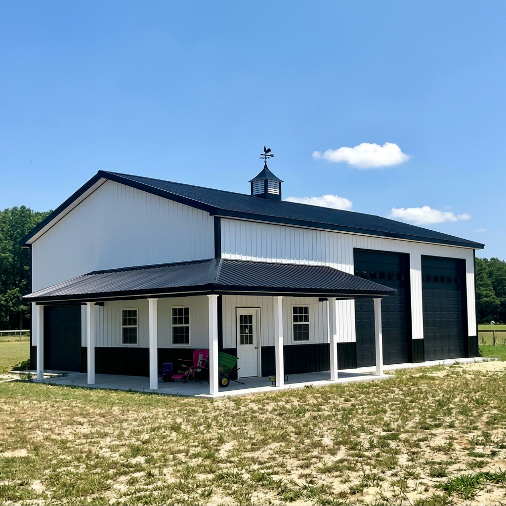 A large white barn with black trim and two large black garage doors, set in a grassy area under a blue sky with scattered clouds.