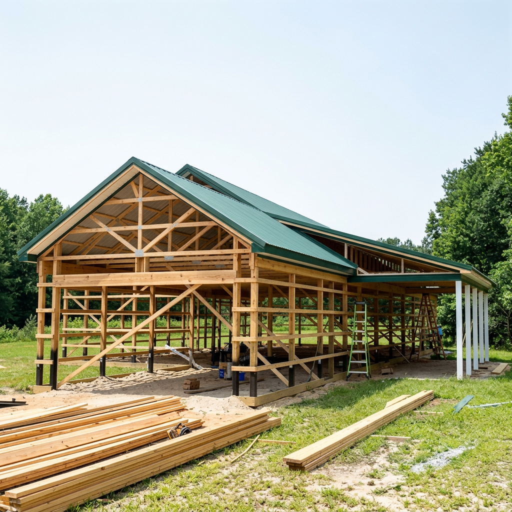 A wooden house under construction with exposed framing, green metal roof, and construction tools and materials nearby, set against a backdrop of trees and grass.