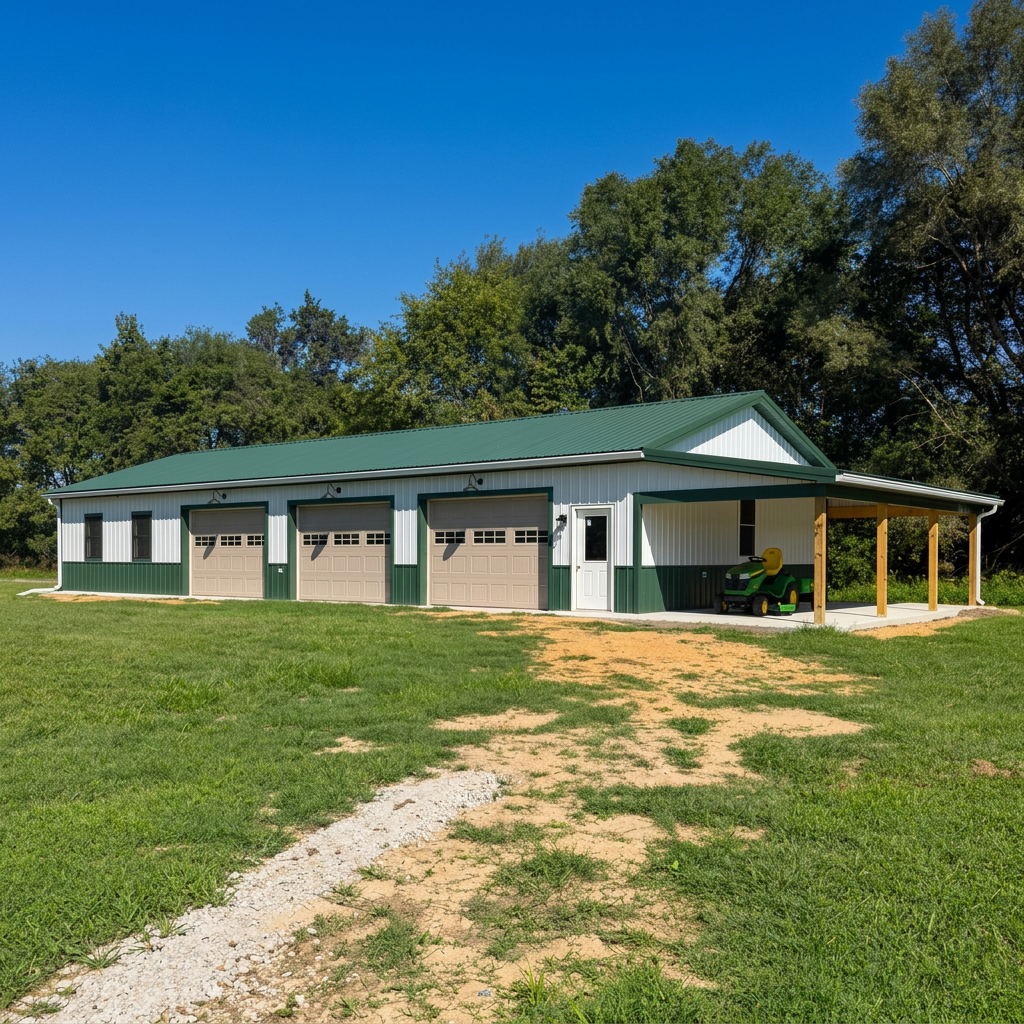 A large metal garage with three doors, a side entrance, and a covered area with a lawn tractor parked underneath. The garage is surrounded by green grass and trees under a clear blue sky.