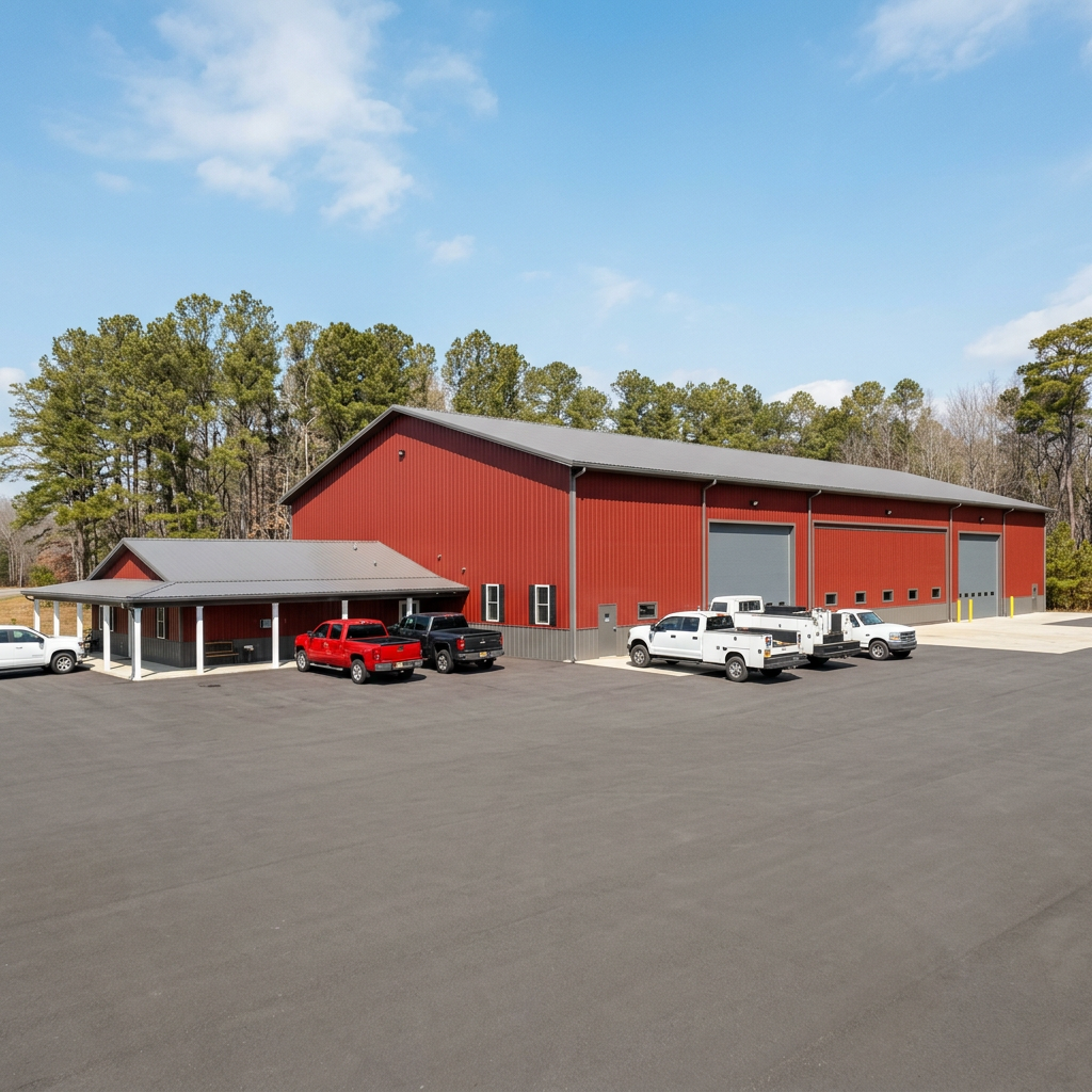 Red industrial building with large garage doors and parked trucks in front, surrounded by a paved lot and green trees in the background.