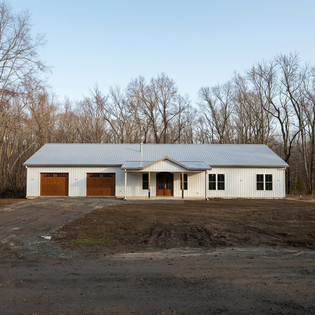 A white house with a metal roof and brown garage doors, with a small porch and surrounded by leafless trees.