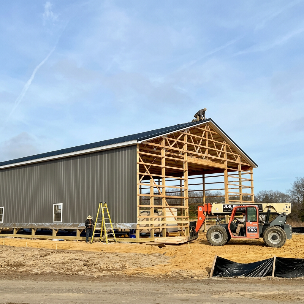 Construction workers building a large metal barn, with one worker on the roof and another on the ground near a yellow ladder, a forklift supporting the structure, and the barn's wooden frame partially completed during daytime.