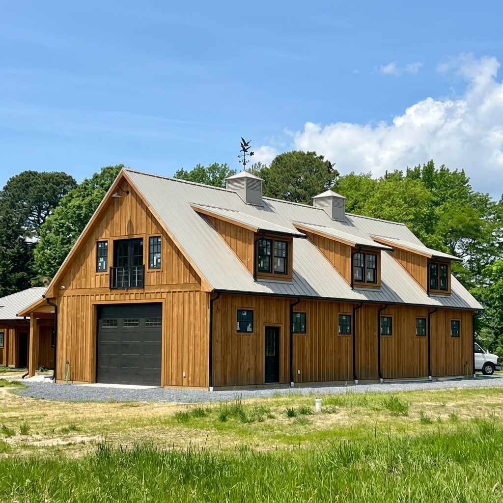 A modern two-story wooden house with a metal roof and several small windows, set against green trees and a partly cloudy sky.
