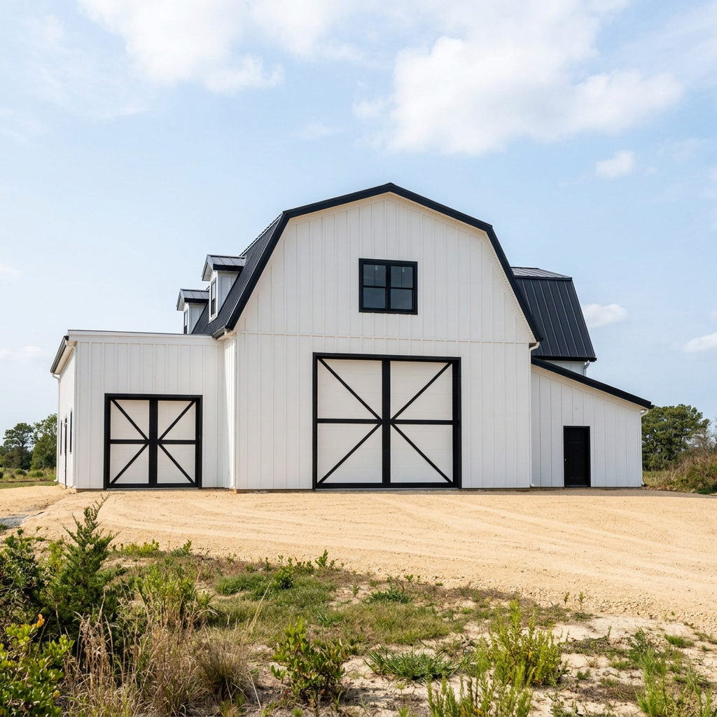 White barn with black trim and large sliding doors, located in a rural area with a dirt driveway and sparse vegetation.