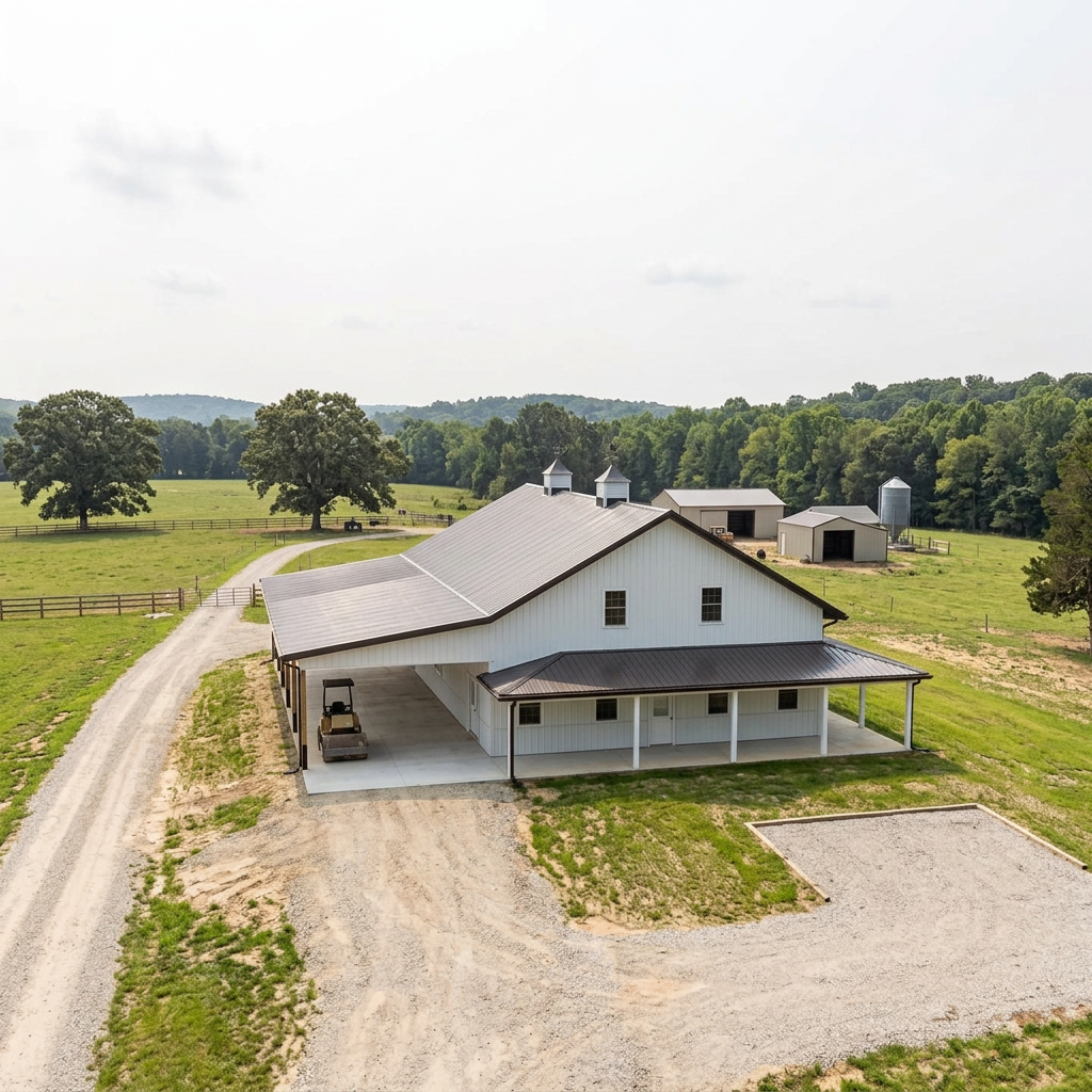 Aerial view of a white barn with a metal roof on a farm surrounded by green fields and trees, with additional farm structures in the background.