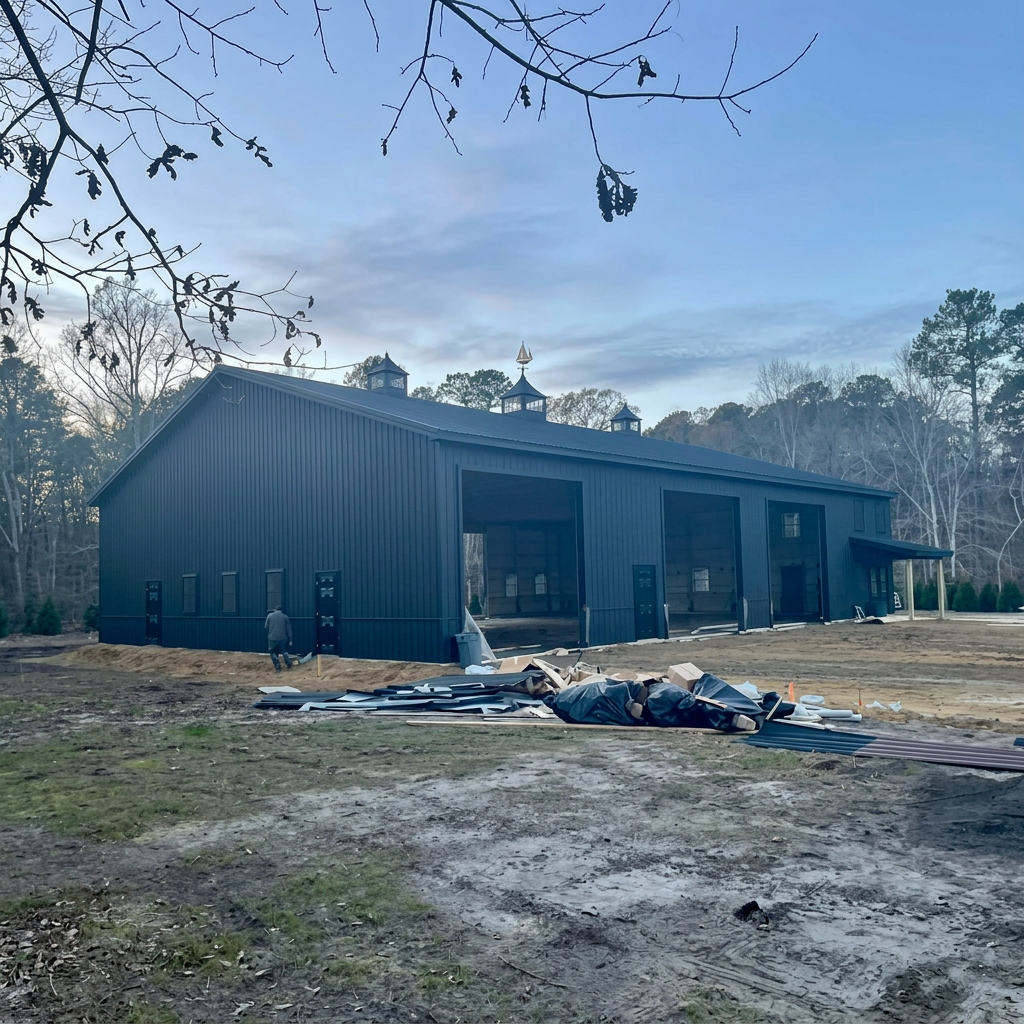 Under construction blue barn or large shed with open bays, surrounded by construction debris and materials, set in a rural area with trees and a partly cloudy sky.