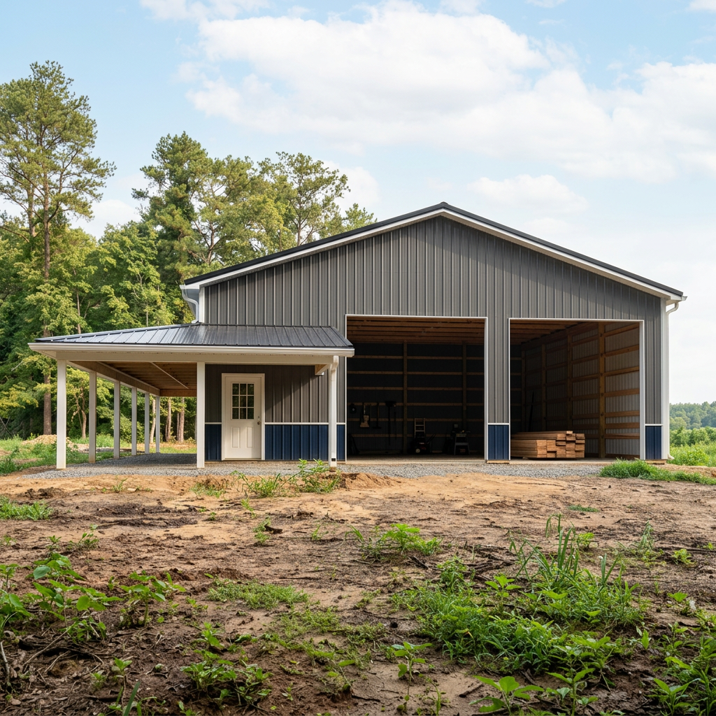 A modern metal barn with a large open section and a smaller enclosed room, situated on a dirt field with sparse grass, surrounded by green trees under a partly cloudy sky.