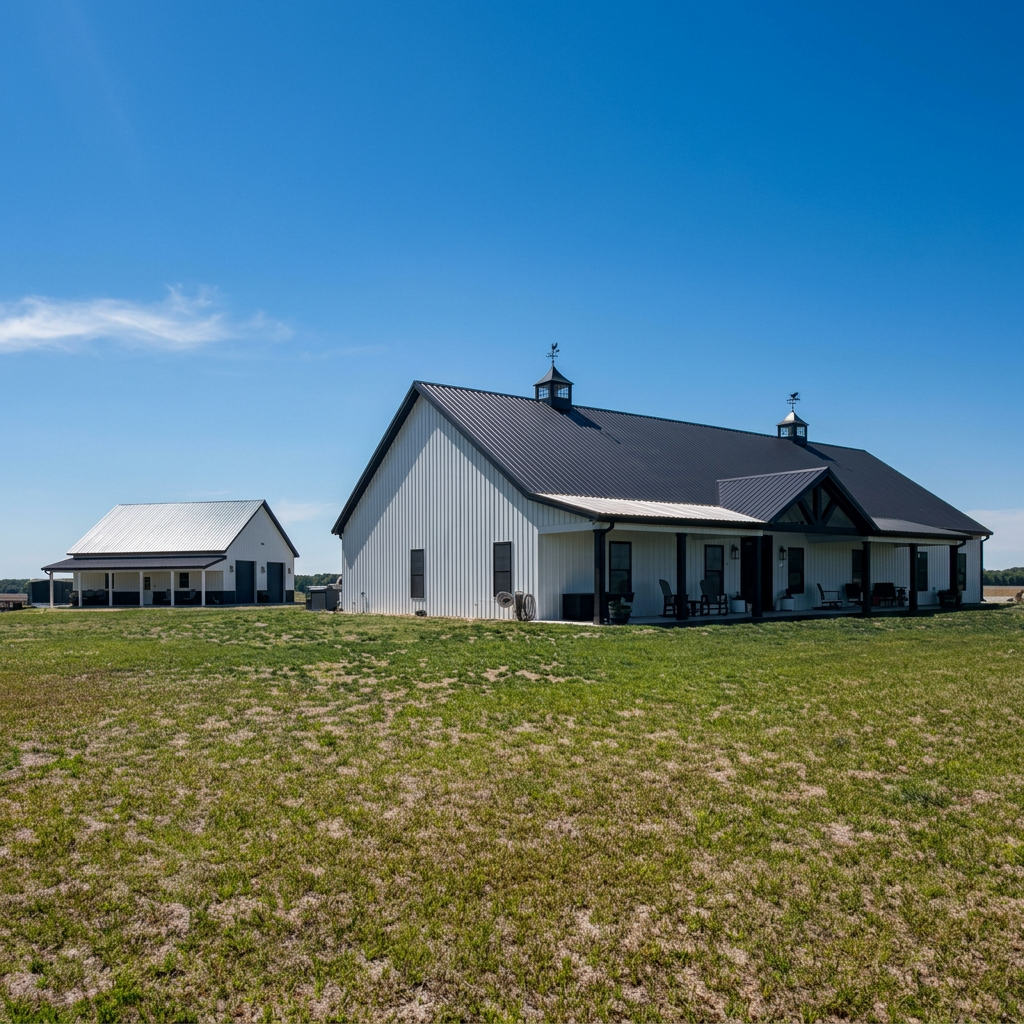 A large white barn with a dark metal roof and two cupolas, surrounded by a green grassy field under a clear blue sky.