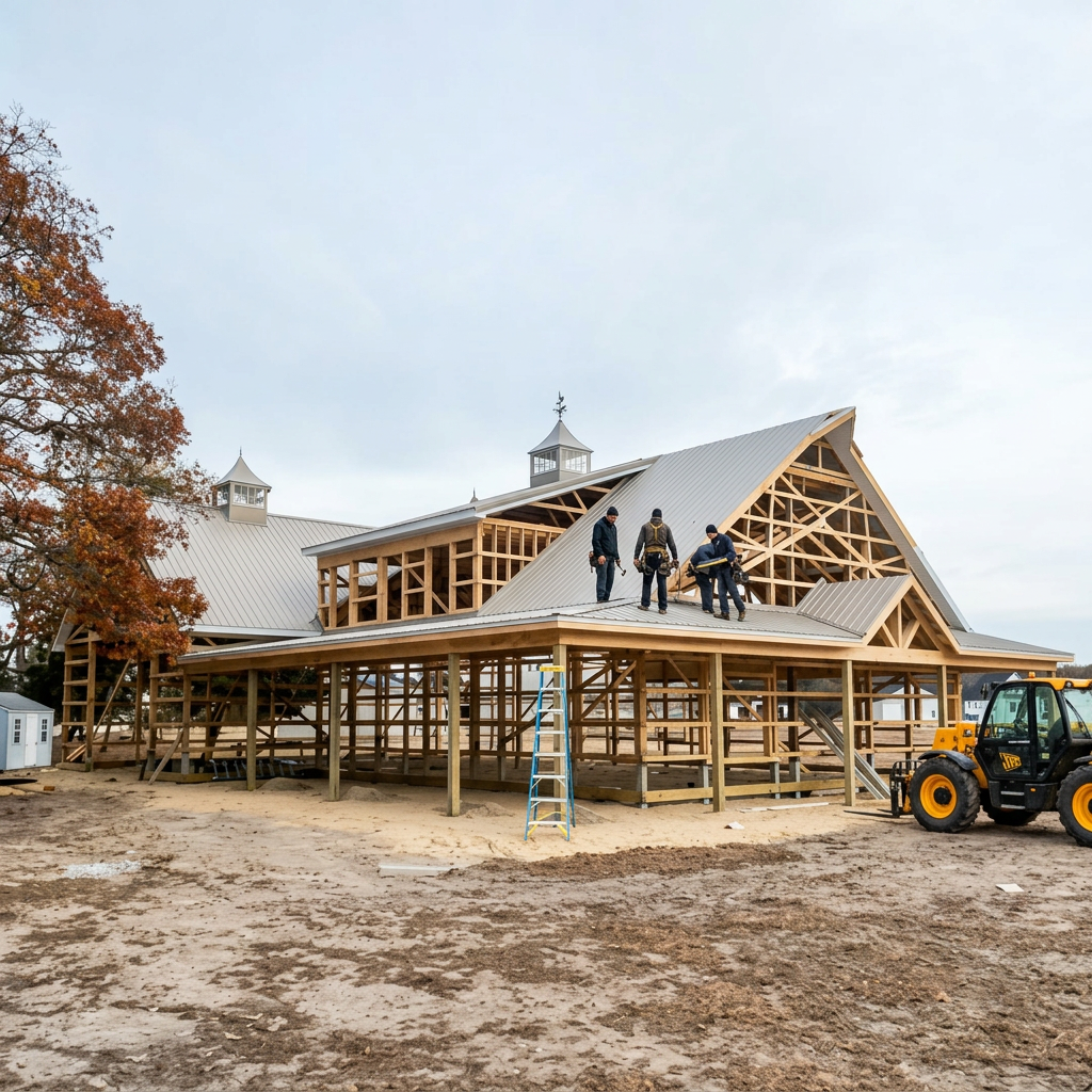 Construction workers on roof framing of a wooden building under construction, with excavation work in the foreground and a tree with autumn leaves on the left.