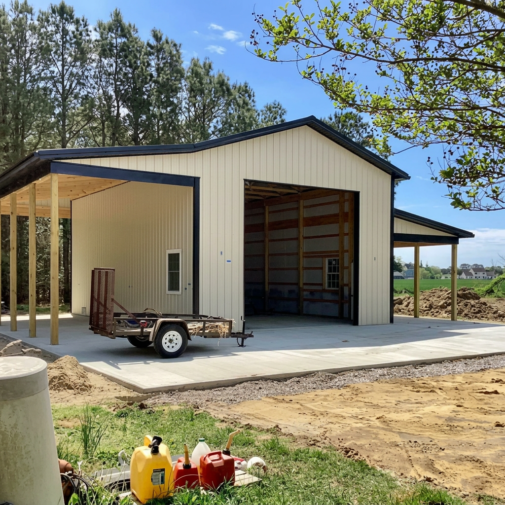 A partially constructed metal barn with a concrete slab foundation, surrounded by a grassy yard and trees. Construction tools and materials, including a trailer, are present in front of the barn.