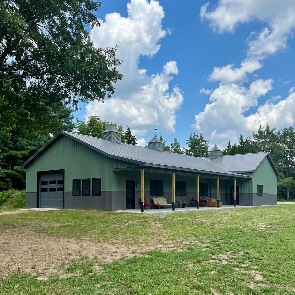 A large green barn with black accents and a metal roof, situated on a grassy area with trees in the background under a partly cloudy sky.
