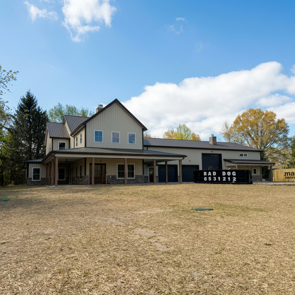 A large modern house under construction with a sign that reads 'BAD DOG 6531212' in front of a grassy area