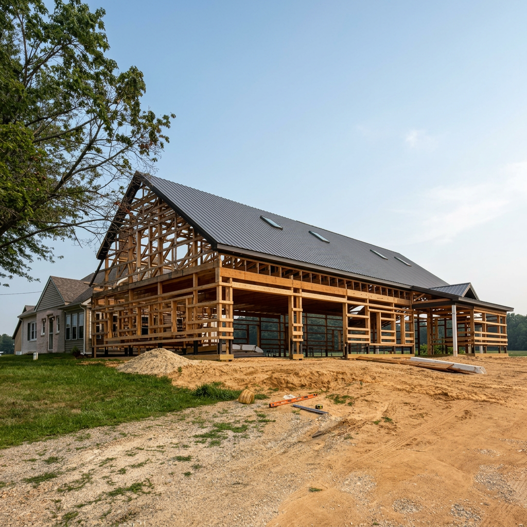 A house under construction with a wooden frame, a metal roof, and large windows. The construction site has sandy ground and building tools nearby.
