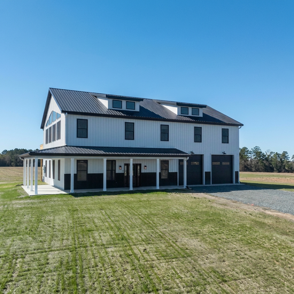 A modern two-story house with black and white exterior, metal roof, and multiple windows, situated on a grassy landscape under a clear blue sky.