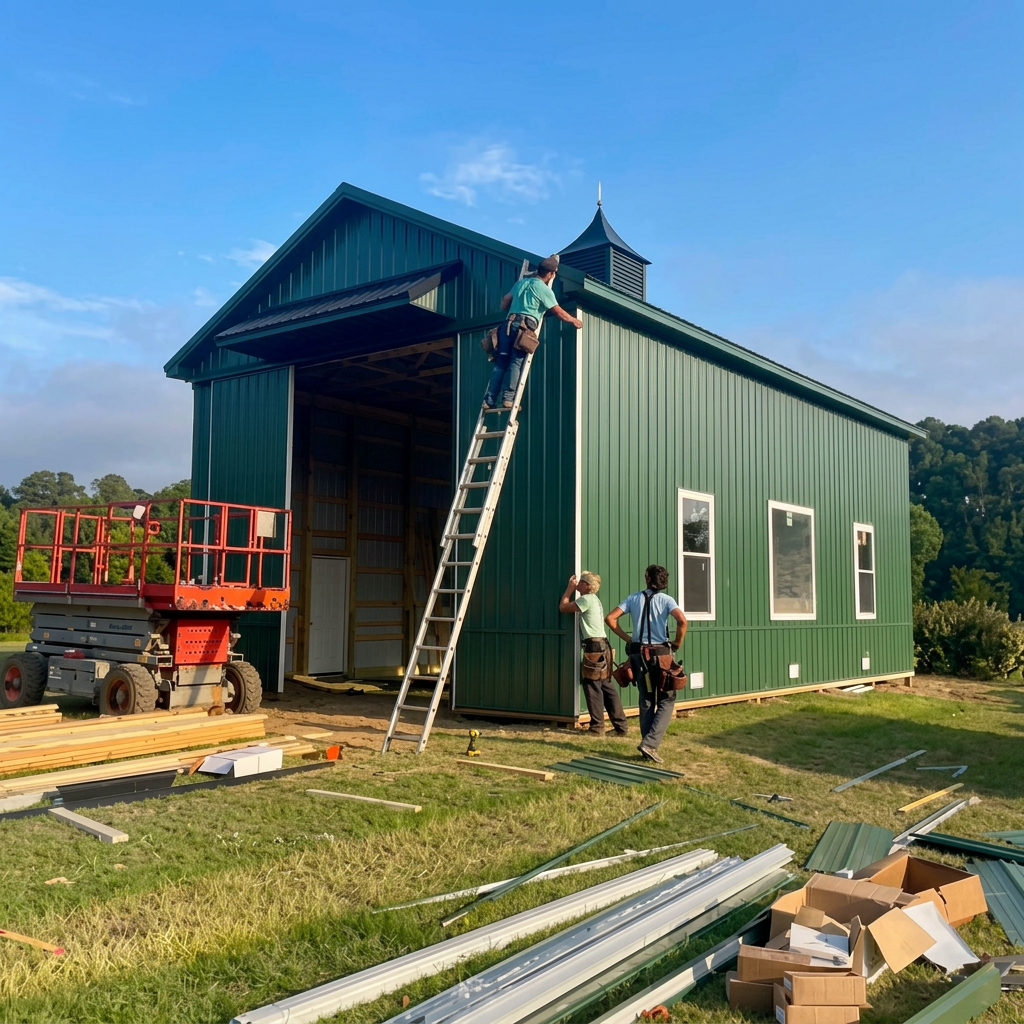 People building a green metal barn with a raised roof and cupola, with construction tools, materials, and an orange lift nearby on a grassy field.