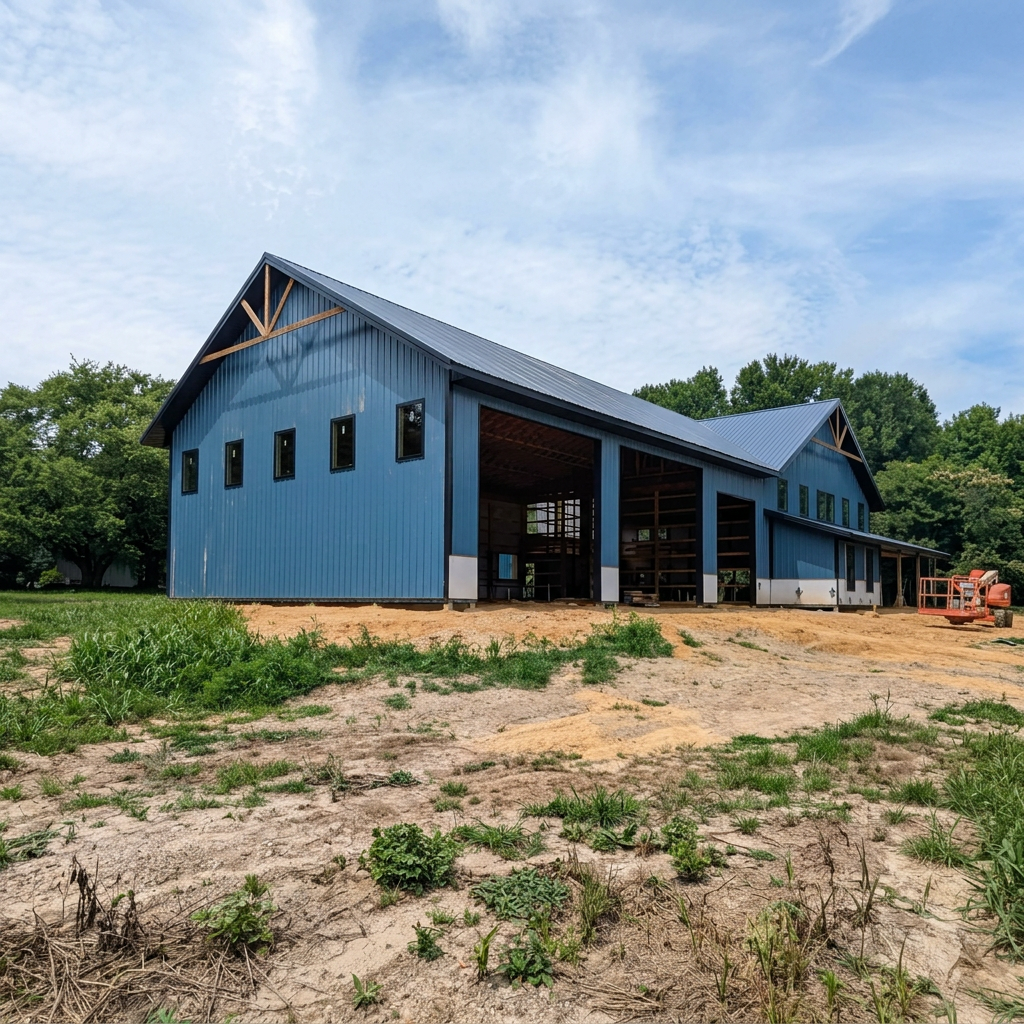 A partially constructed blue barn with a metal roof, open sides, and wooden support beams, on a sandy lot with green grass and trees in the background under a partly cloudy sky.