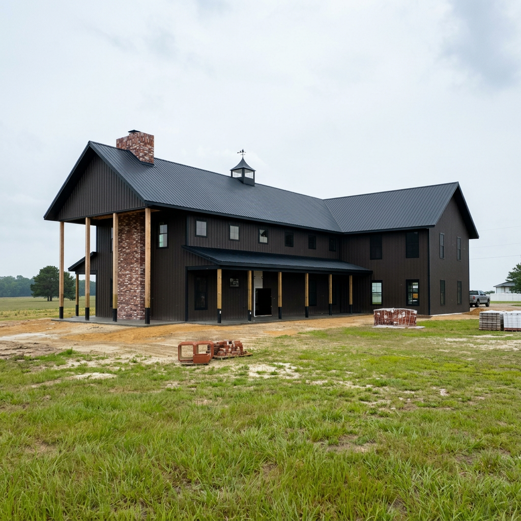 A two-story house under construction with black exterior walls, a metal roof, and brick chimney, situated on a grassy lot with construction materials in the foreground.
