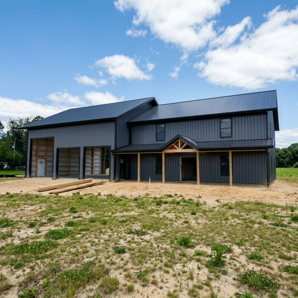 Under construction modern two-story house with dark metal siding, wooden supports at the front entrance, and an open garage on the left side, set on a sandy lot with some grass patches under a partly cloudy sky.