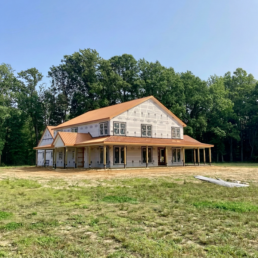 A house under construction with a metal roof, framed windows, and covered porch, set against a background of trees and blue sky.