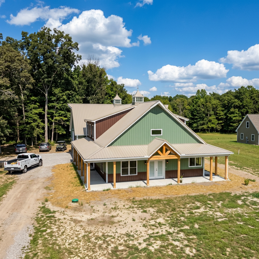 A new house with green and brown siding, a metal roof, and a covered front porch, situated in a semi-rural area with a dirt driveway and surrounded by trees and open land, under a partly cloudy sky.