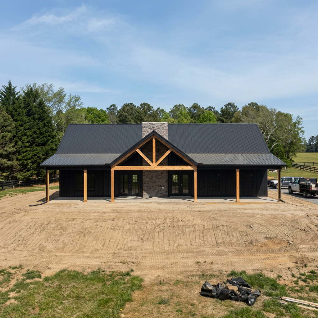 Newly constructed black house with a metal roof, a stone chimney, and a wooden porch under a partly cloudy sky, surrounded by trees and parked trucks.