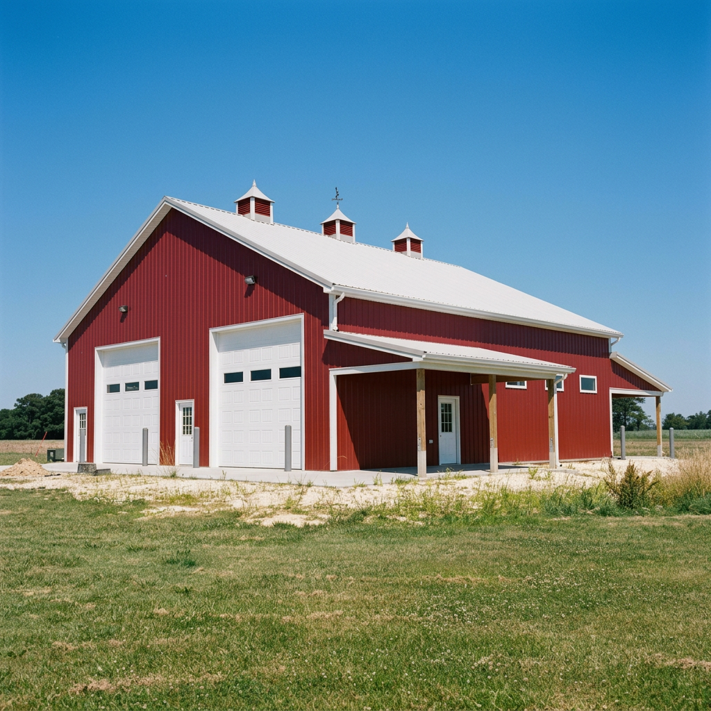 Red barn with white roof, three small cupolas on top, two large garage doors, and a small side door, situated on a grassy field under a clear blue sky.