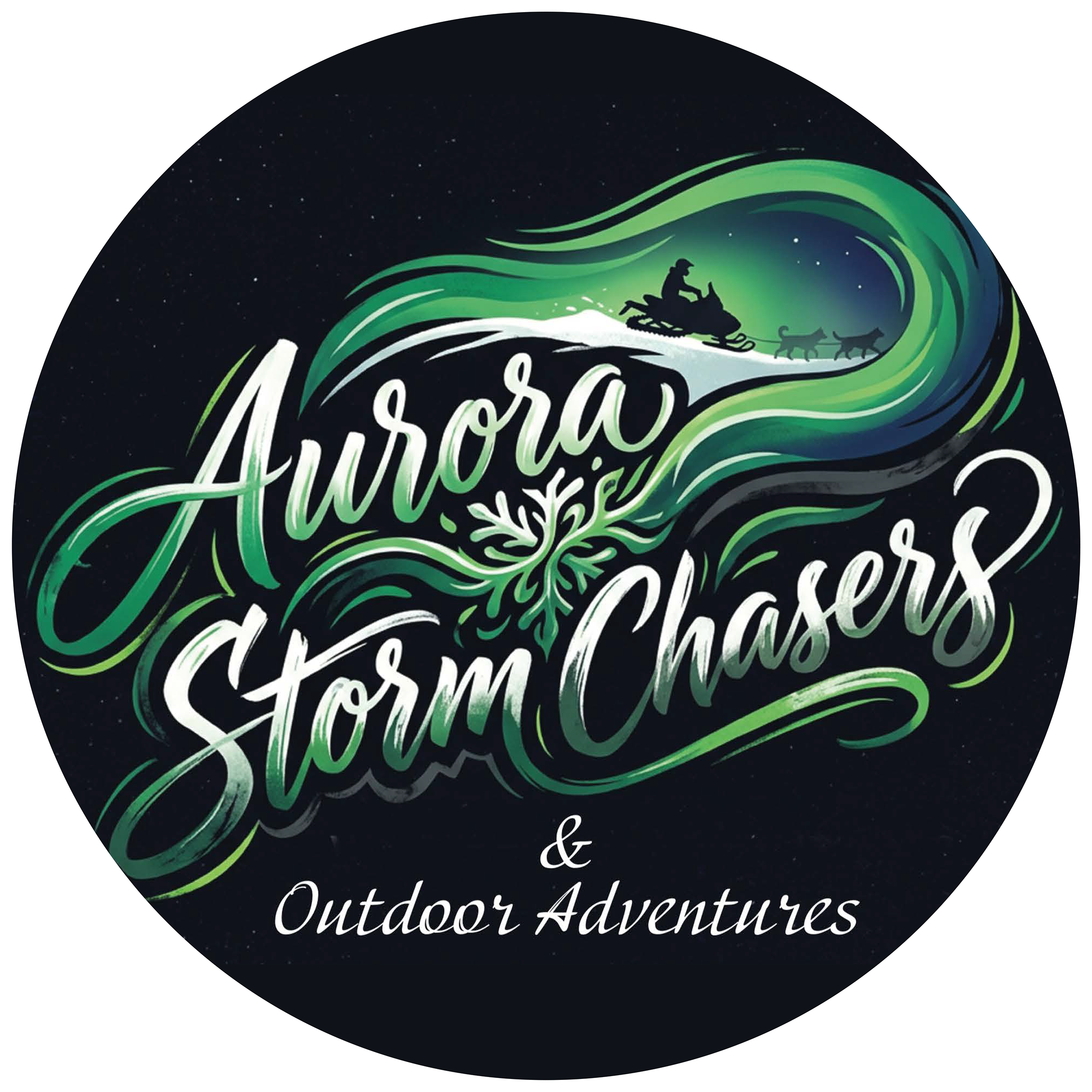 A circular logo featuring a night sky background with stars, a silhouette of a person riding a snowmobile, green northern lights, and white cursive text that reads 'Outdoor Adventures'.