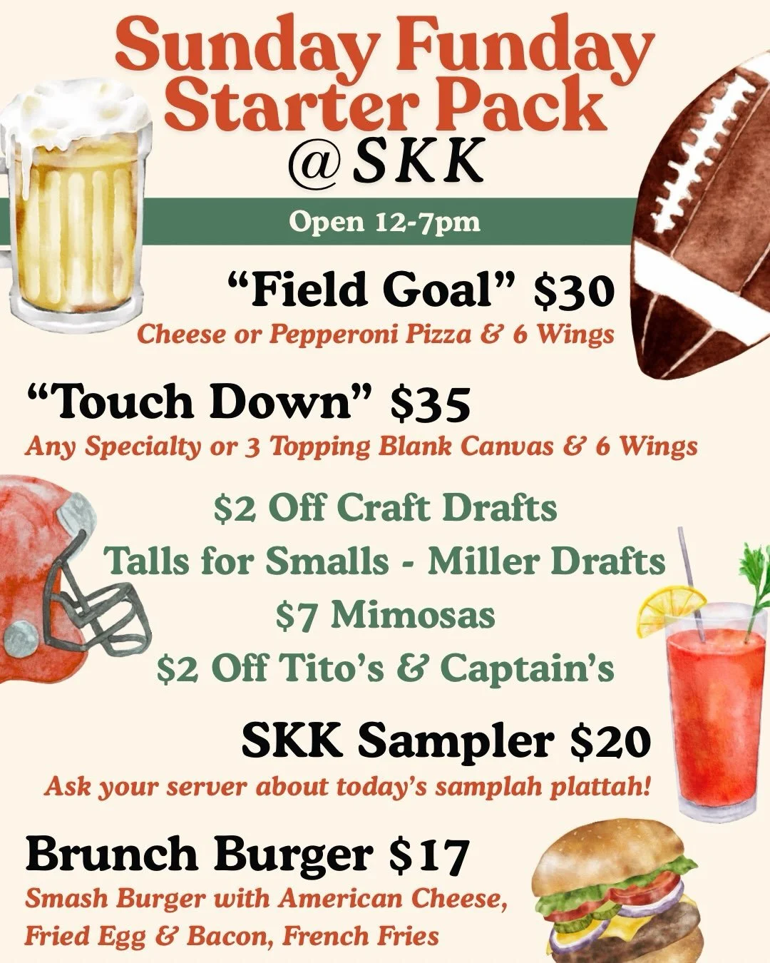 🏈 SUNDAY FUNDAY IS BAAAACK AT SKK!
🍻All these specials, all day, every Sunday! 
Join us for the game at 1pm today! 
#familyownedlocallyloved