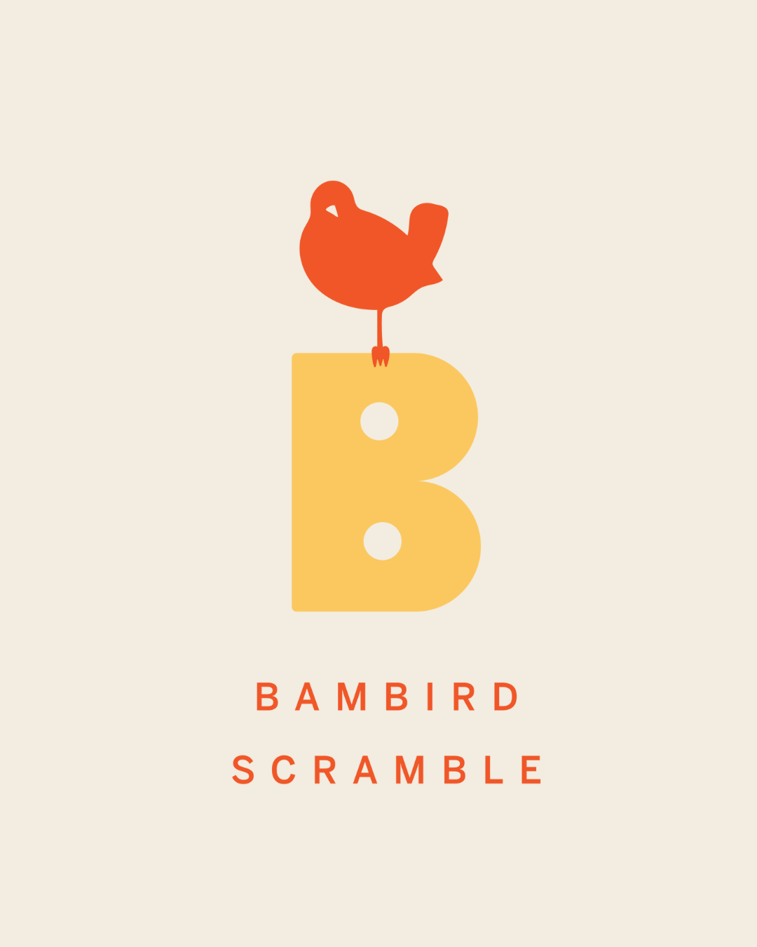 Graphic design with a stylized letter B in yellow, topped with a red bird, and the words 'Bambird Scramble' in red below.