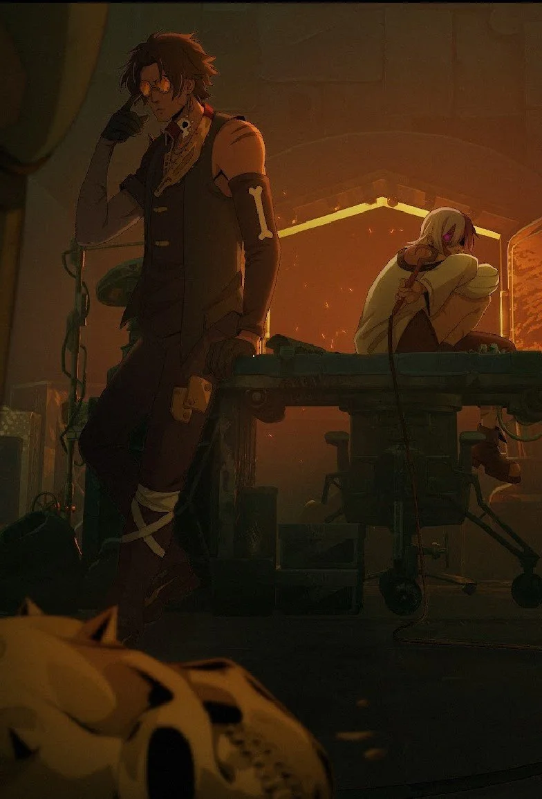 Scene inside a dimly-lit laboratory or workshop with two characters. One is a man with glasses, messy hair, and a partially armored arm, standing with one hand on his face. The other is a woman with long hair, sitting on a chair, wearing a hoodie and headphones. There is a skull on the floor and the lighting is orange and warm.