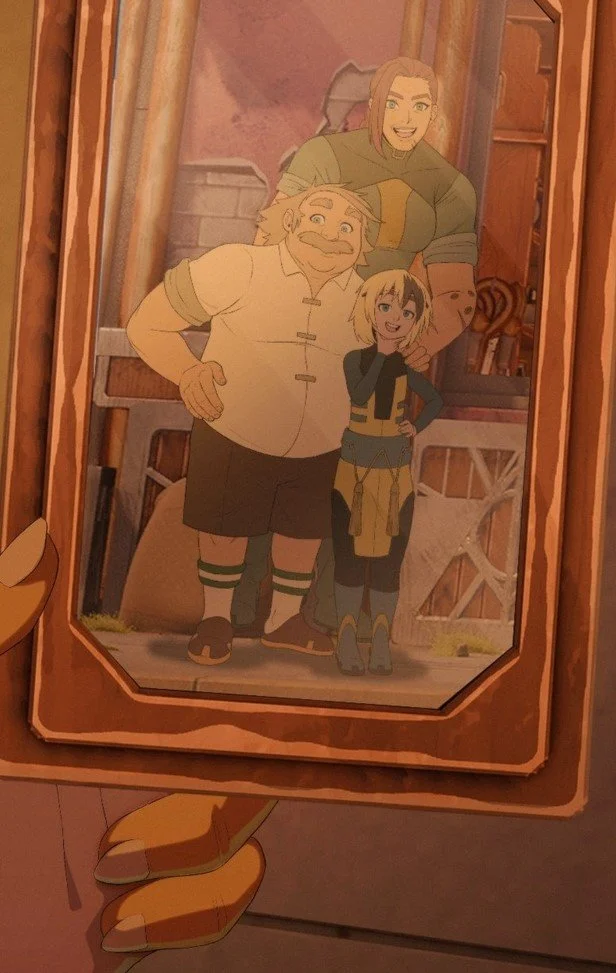 A framed illustration of three characters from the webtoons series, with a cheerful Murray with blonde hair and a mustache, a taller woman with short blonde hair, and a young girl with short blonde hair, all smiling and standing together outdoors.