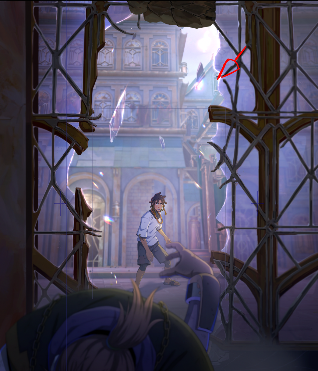 A person breaking through a shattered glass window into a courtyard with a woman inside, surrounded by damaged buildings and debris.