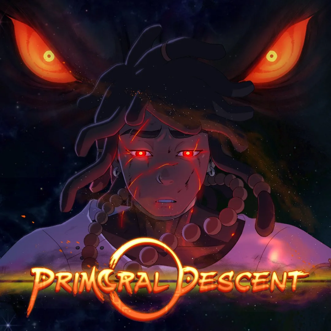 A digital artwork of a young person with glowing red eyes and dreadlocks, with an intense, dark background featuring large fiery eyes. The title 'Primral Descent' is displayed at the bottom in fiery orange text.
