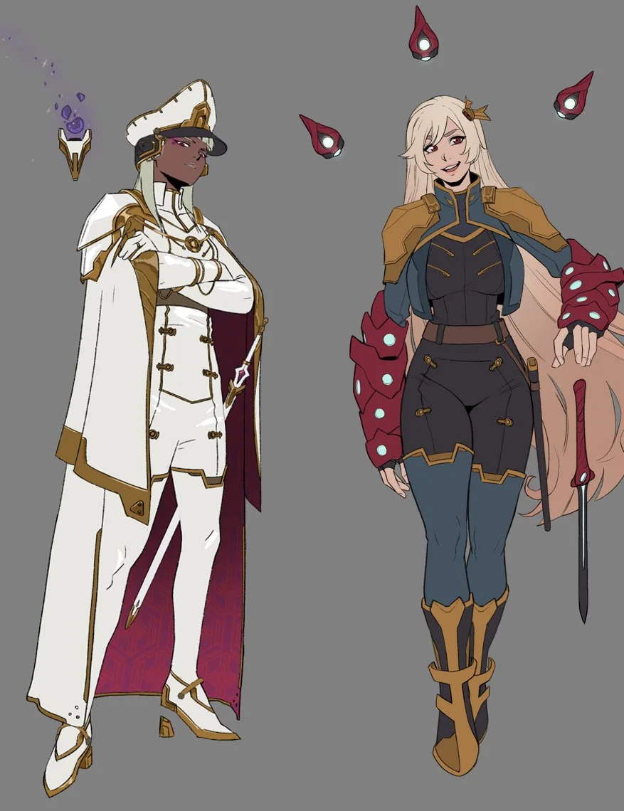 Two animated female characters dressed in detailed fantasy or sci-fi costumes standing side by side against a gray background. The character on the left has dark skin, white hair, and is dressed in a white and gold military-style outfit with a hat, and is surrounded by floating purple crystals. The character on the right has light skin, long blonde hair, and wears a dark armor-like outfit with red accents and floating red, teardrop-shaped objects around her.