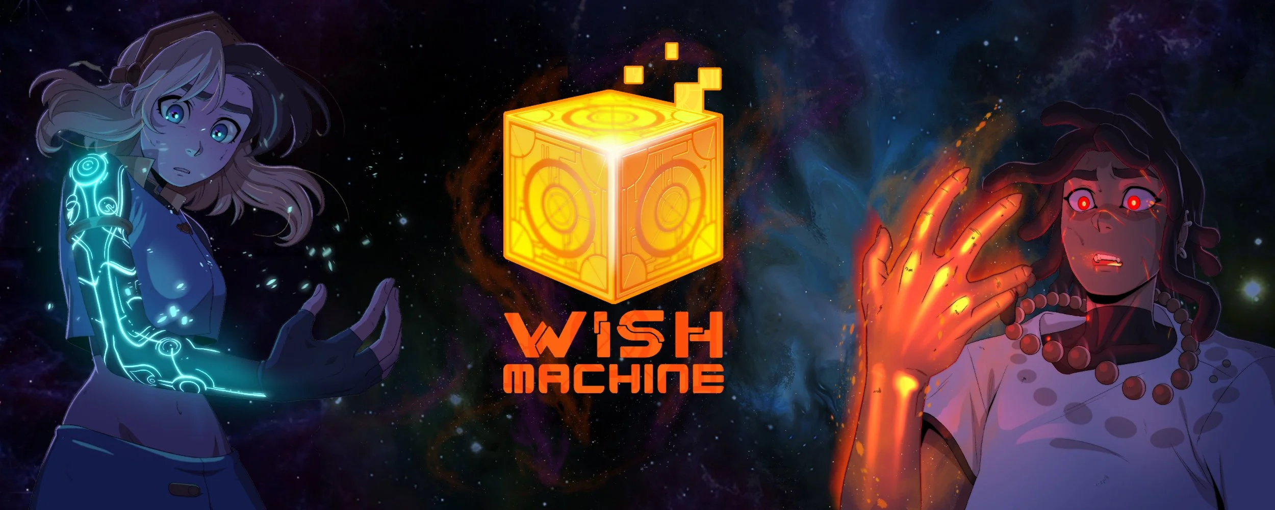 Digital illustration of two women in a cosmic background, one with glowing blue markings and the other with glowing red eyes and hand, flanking a glowing orange cube with the text 'WISH MACHINE' underneath.
