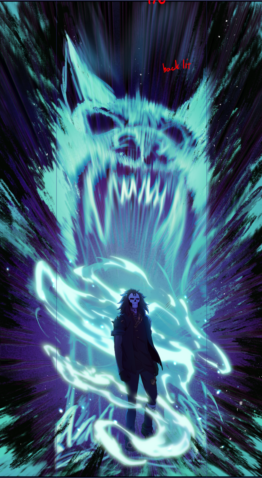 A person wearing a mask and dark clothing standing with a glowing, blue, fiery wolf head emerging behind and above him, with energetic blue and purple streaks radiating outward.