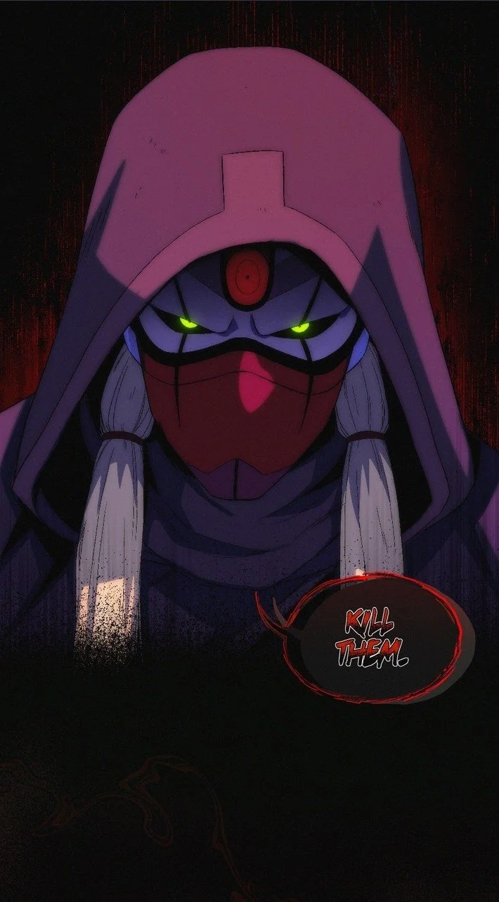 A character named Ybhsa "The Demon" with glowing green eyes wearing a hood and face mask, with the words 'KILL THEM' in a speech bubble.