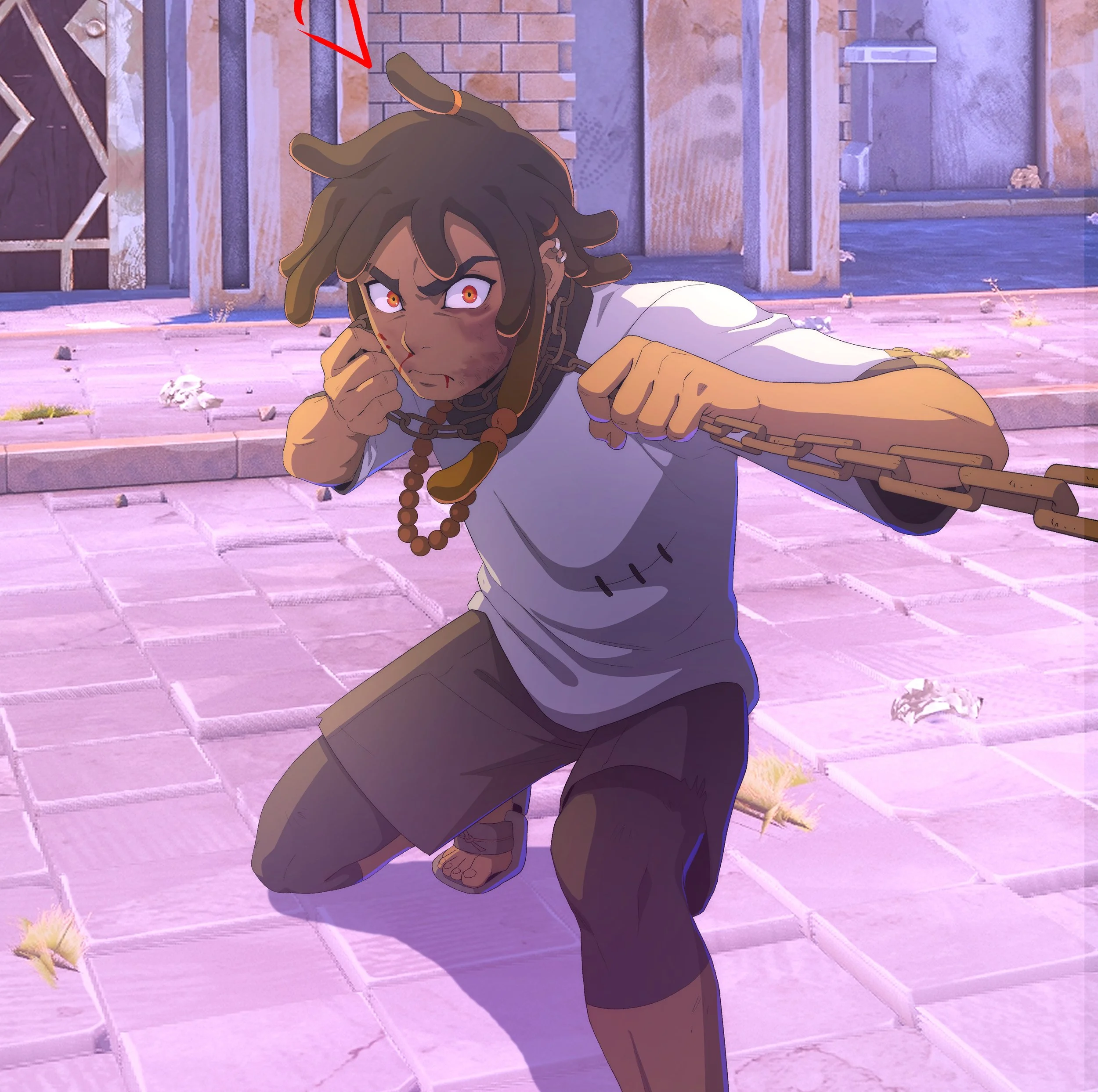 A character with dreadlocks, glowing red eyes, and a tattoo on his face is crouching on a pink tiled street, pulling a chain. The background shows a brick wall, a gate, and some scattered flowers.