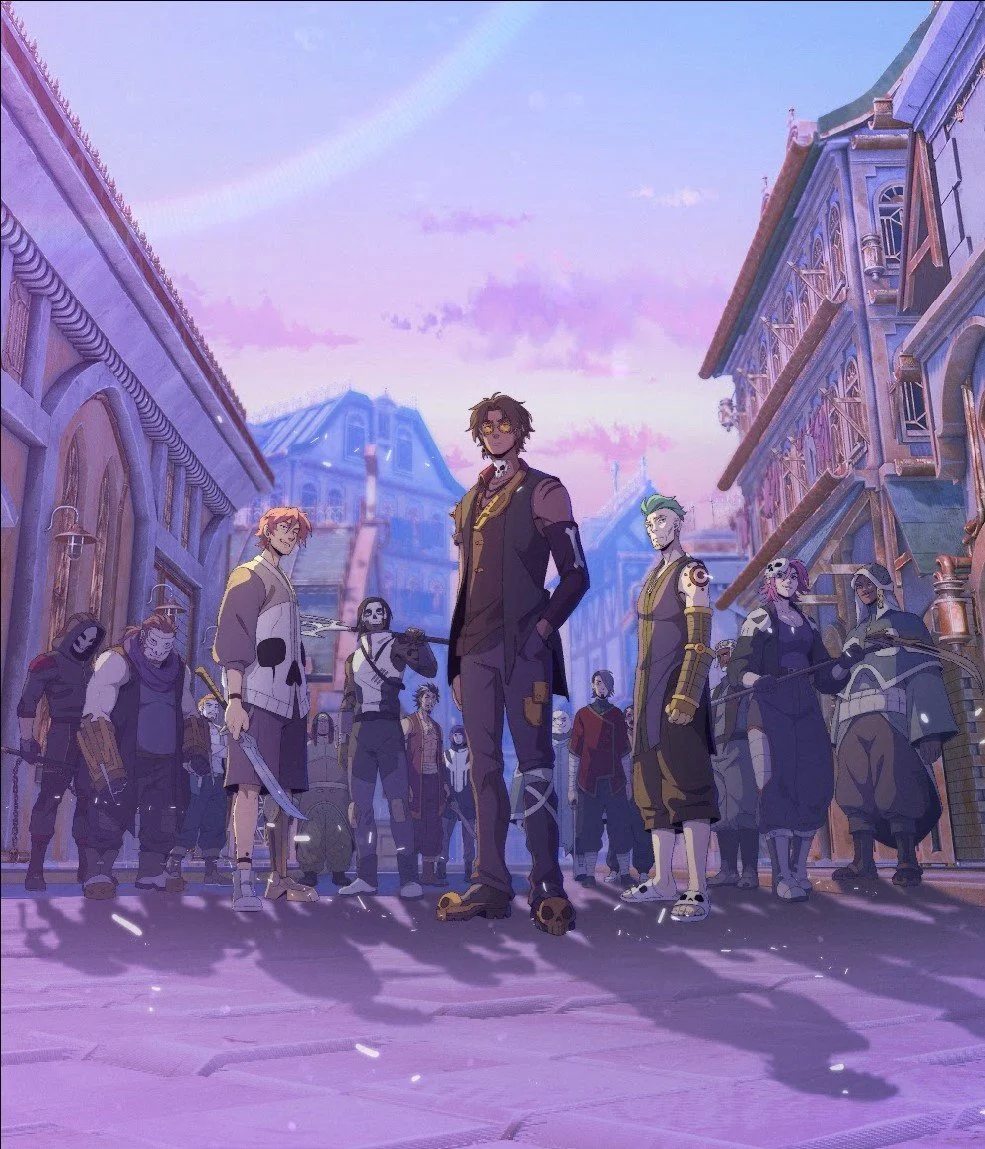 A group of animated characters, gang members from the Kraneos Gang standing on a cobblestone street in a fantasy city during rise, with colorful buildings and a castle in the background.